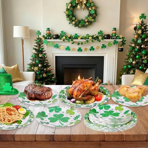 Litmitfu 24 Pcs Happy St Patricks Day Plates Set - Disposable Green Shamrock Paper Plate, Irish Round Dinner Dessert Plate Dinnerware Kit for St Patrick's Day Party Decorations Supplies Table Decor