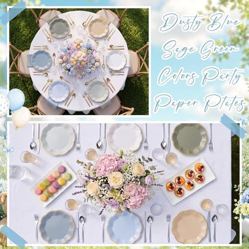 72 Pcs Boy Baby Shower Paper Plates 9 Inch Sage Green Blue Gradient Scalloped Paper Disposable Dinner Dessert Plates for One Silly Goose Birthday Wedding Bridal Party Supplies, 6 Colors