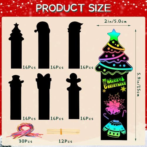 AUGSUN 96Pcs Christmas Scratch Art Bookmarks Xmas Crafts for Kids