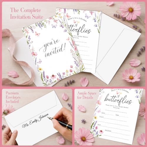 Bridal Shower Invitations, 25 Wildflower Wedding Shower Invites with Envelopes, 5x7 Butterfly Bride to Be Engagement Party Supplies - A06
