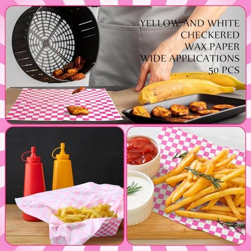 Geosar 100 Pcs Gingham Paper Food Tray with Wax Paper,Fuchsia White