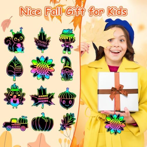 JULMELON 36Pcs Fall Thanksgiving Scratch Art for Kids, Magic Rainbow Paper