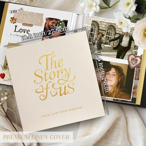 Lanpn Couples Scrapbook Photo Album - The Story of Us, Linen Wedding Anniversary Self Adheisve Picture Book holds 4x6 5x7 A5 Photo for Love Newlywed Valentine's Day (Small 20 Sheets/40 Pages, Beige)