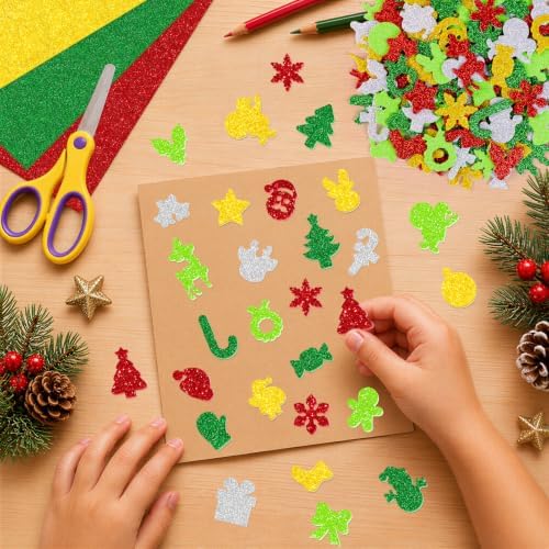 400 PCS Christmas Foam Stickers, Glitter Christmas Stickers, 8 Sheets