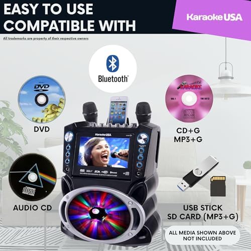 Karaoke Machine with Lyrics Display 7" Screen. CD+G, DVD, MP3+G, MP3, CD & USB. Wireless Bluetooth Speaker with LED Disco Lights. Includes 2 Wired Microphones and 2 Bonus Karaoke Discs By Karaoke USA