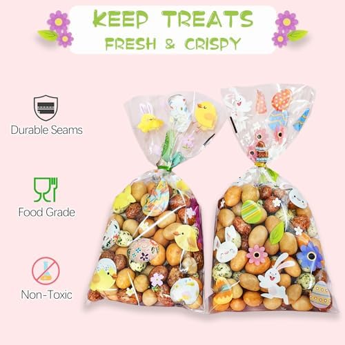 QOIUSO Easter Treat Bags: Clear Easter Cellophane Bags with 60 Twist Ties for Candy Goodie Cookies Sweet and Gifts Packaging - 50pcs Assorted Bunny & Egg Designs Platstic Party Favors Bags