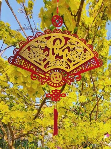 Vietnamese Red Velvet Fans with Gold Calligraphy, 3 Pieces TET Phuc LOC Lunar New Year Wall Decorations/Vietnamese Lunar New Year Decoration/Set Quat Trang Tri TET (3 Pieces)