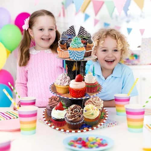 Race Car Theme Cupcake Stand - 3 Tier Cupcake Tower Decorations Dessert Holder for Table Display Truck Party Decor