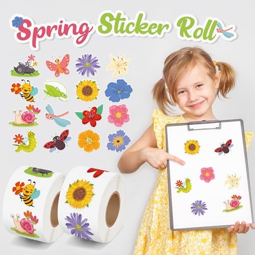 1000Pcs Spring Stickers for Kids, 2 Rolls Summer Flower Butterfly Insect Bugs Self Adhesive Label for Envelope Bottle Decor Seasonal Holiday DIY Crafts Classroom Rewards Party Favors Gifts, 16 Designs