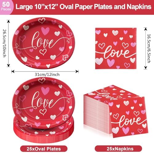 Dereinwo 50 Pcs Valentines Day Paper Plates and Napkins Set