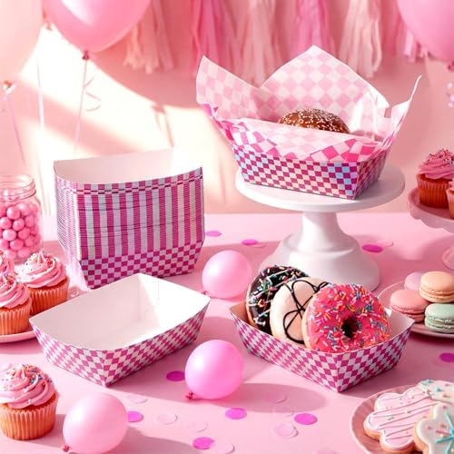 Geosar 100 Pcs Gingham Paper Food Tray with Wax Paper,Laser Fuchsia