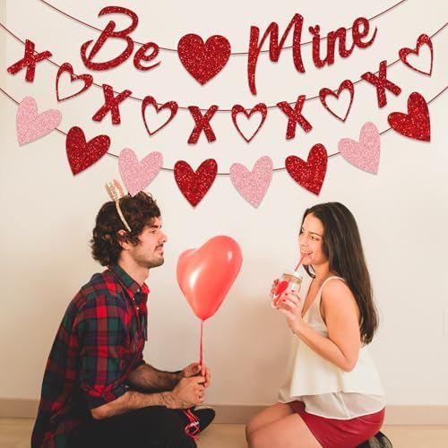 Valentine's Day Decorations - 3-Pack Pre-Strung Be Mine & XOXO & Heart Glitter Banners, No DIY Required, Romantic Decor for Home Classroom Office Wedding Party Anniversary
