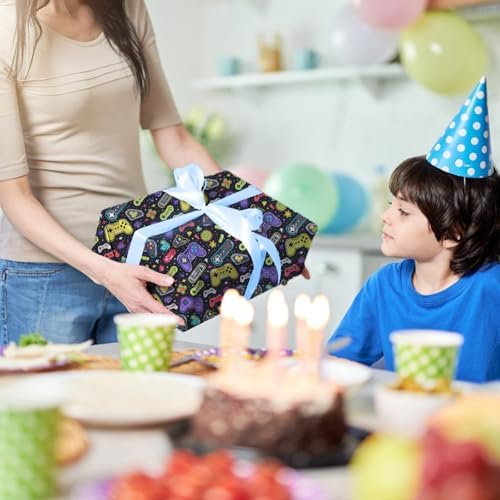 Cuitpan Gaming Wrapping Paper - 4 Jumbo Sheets, 28 * 40 Inches, Video Game Console and Black Starry Sky Design, for Boys Birthday, Gaming Party & Holiday Gifts