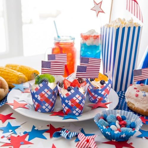 Maxdot 200 Pcs Red Blue Plaid Tulip Cupcake Liners for Baking 4th of July Paper Muffin Baking Cups Patriotic Gingham Tulip Muffin Liners Wrappers for Independence Day Memorial Day Party Supplies