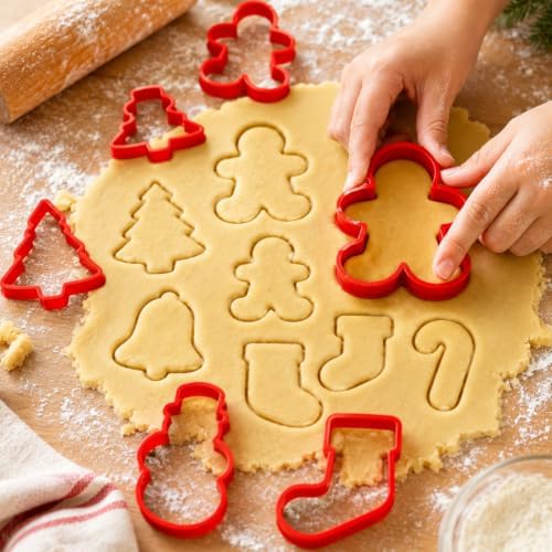 Christmas Cookie Cutter Set - 10 Piece Plastic Gingerbread Man*4, Christmas Tree*2, Beckoning Snowman*1, Bell*1, Christmas Stocking*1, Candy Cane*1, for Biscuit, Fondant