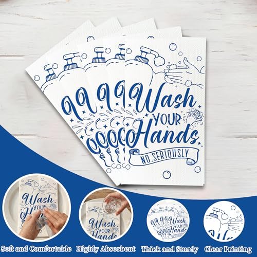 100 Pack Wash Your Hands Disposable Hand Towels for Bathroom Paper Towels for Guests Etiquette Guest Dinner Napkins Decorative Paper Hand Towels for Bathroom Wedding Birthday Anniversary(Blue)