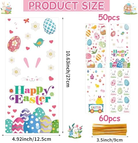 ZYLOP 50 Pcs Easter Cellophane Treat Bags - 5 x 11 Inch Clear Easter Goodie Bags with 60 Gold Ties for Cookies, Snacks, Party Favors & Gift Packaging, 2.8 Mil Thick Plastic Easter Candy Bag for Kids