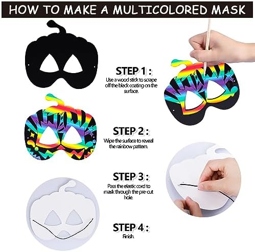 Max Fun 48PCS Halloween Crafts for Kids Kit, Rainbow Scratch Art and Crafts Mask, Birthday Cosplay Classroom Decoration, Magic Scratch Paper Halloween Party Favors Supplies Bat Witch Pumpkin Zombie