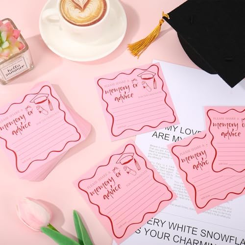JarThenaAMCS 50Pcs Pink Graduation Memory or Advice Cards Single Sided Congrats Grad Message Card with Cap & Diploma Design for Girls High School College Kindergarten Graduation Party Favor Supplies