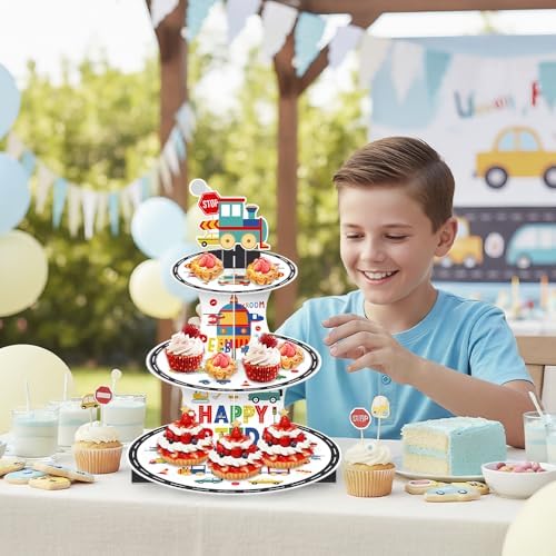 3 Tier Transportation Themed Cupcake Stand with Topper Train Birthday Decorations Boy Birthday Decorations Party Favors Cars Construction Plane Decor Chugga Chugga Two Two Party Supplies 2nd 3rd 4th