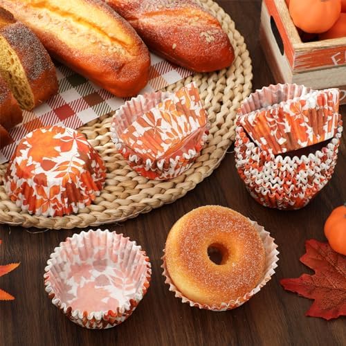 Whaline 300Pcs Fall Cupcake Liners Orange Maple Leaves Paper Baking Cups Thanksgiving Watercolor Leaves Cake Muffin Liner Cupcake Wrappers for Autumn Harvest Party Supplies, 2 x 1.2 Inch