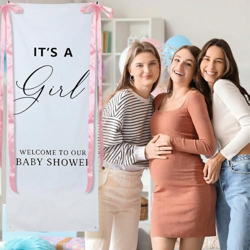 Oudain 60x24 Inch It's a Girl Banner Baby Shower Burlap Backdrop