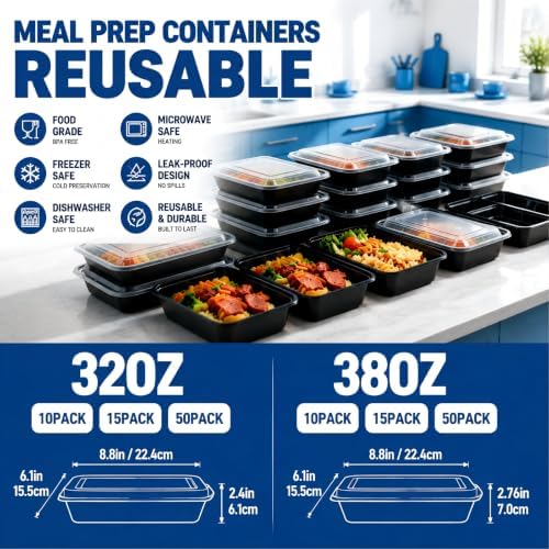 38oz 10 Pack Disposable Food Leftover Containers with Lids, Meal Prep Containers Reusable, To Go Containers Leakproof, Microwave Freezer Dishwasher Safe for Festival