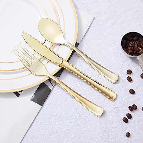 N9R 100PCS Gold Plastic Silverware, Heavy Duty Disposable Utensils/Cutlery