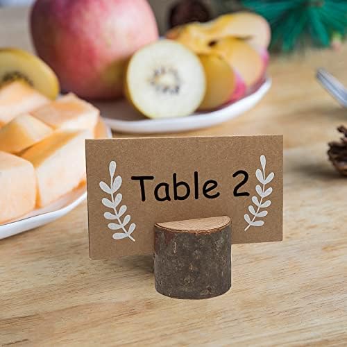 12Pcs Rustic Wood Place Card Holders with 15Pcs Kraft Place Cards, Wooden Tables Number Holder, Table name card holders Photo Clips, for thanksgiving Wedding Birthday Party.