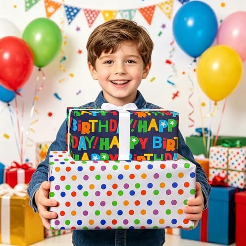 WRAPAHOLIC Reversible Birthday Wrapping Paper Roll - Mini Roll - 17 Inch x 10 Feet - Colorful Happy Birthday Wrapping Paper with Polka Dots Design for Boys Girls Kids, Baby Shower, Holiday, Party