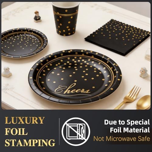 168Pcs Black and Gold Paper Plates and Napkins Party Supplies for 24 Guest