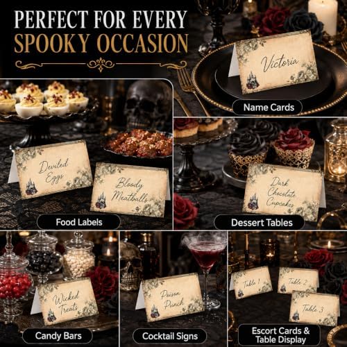 Andaz Press Halloween Name Place Cards for Table Setting, Gothic Glam Blank Food Labels for Party Buffet Cards, Dessert Table Display, Scored Mini Signs Food Display, 24 Pack 2 x 3.5