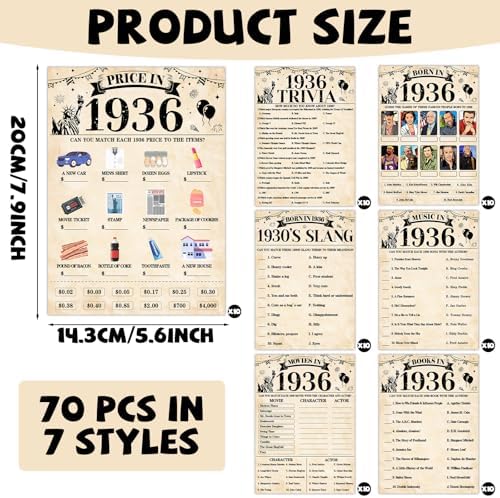 70Pcs 90th Birthday Party Games Born In 1936 Fun 1936 Trivia Music Slang Books Game Double-Sided Game Cards Vintage 90th Birthday Party Supplies for 90 Year Old Activity Anniversary Class Reunion