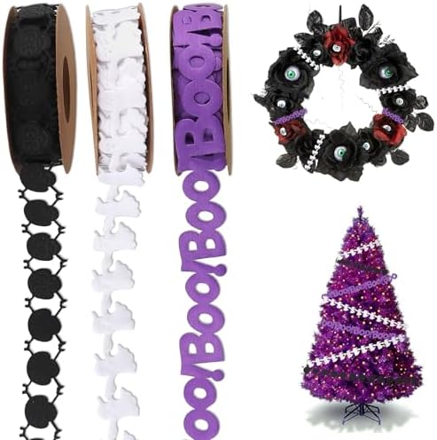 Threetols 3 Rolls 15 Yards Halloween Ribbons, Black Purple White Ghost Boo Skull Shape Craft Trim Embellishment for Gift Wrapping Party Decoration