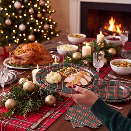 Yungyan 150 Pcs Red Green Plaid Plates Napkins Green Red Serves 50