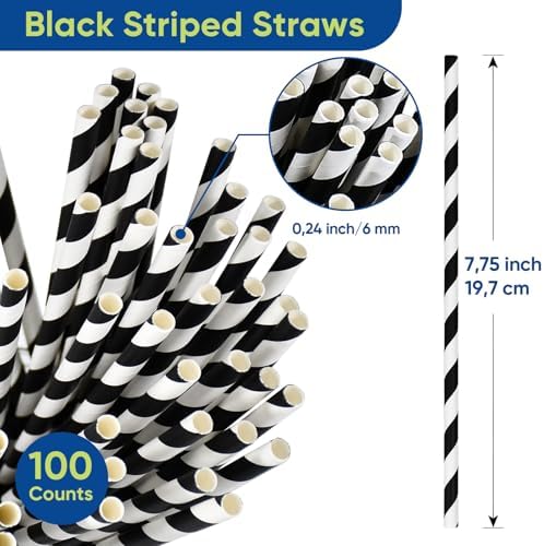 7.75" Black Straws, Black Striped Paper Drinking Straws Disposable 100 ct