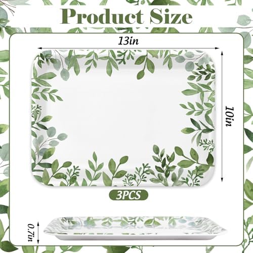 Whaline 3Pcs Greenery Serving Trays Reusable Melamine Platters Green Leaves Serving Dishes for Spring Birthday Wedding Party Food Supplies, 10 x 13 Inch