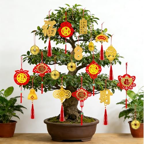 KYMY Chinese New Year Hanging Ornaments Set – 42pcs Red & Gold Lucky Decorations with Coins, Fu Charms & Lanterns, 2026 Zodiac Horse Year Spring Festival Pendants for Tree, Branch & Home Decor