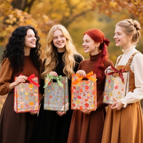 Capoda 24 Pcs Fall Gift Bags Bulk Autumn Plastic Party Favor Bags with Die Cut Handles Reusable Fall Harvest Pouch with Ribbon for Autumn Harvest Thanksgiving Party Decor Supplies