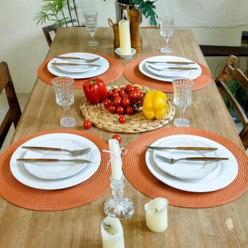 FunWheat Round Braided Placemats Set of 12 Place Mats for Dining Table Woven Washable Non-Slip Table Mats 15 Inch(Pumpkin Orange,12pcs)