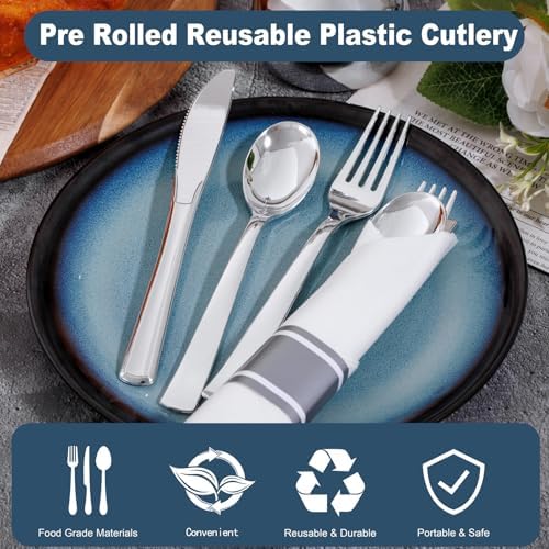 400PCS Pre Rolled Silver Plastic Silverware Heavy Duty for Wedding