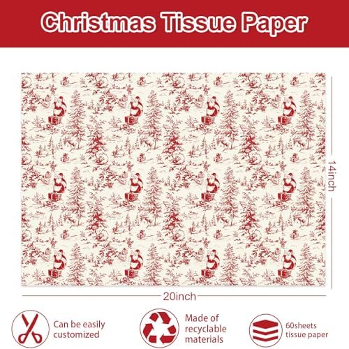 JarThenaAMCS 60 Sheets Toile Vintage Christmas Tissue Paper Red Xmas Tree Santa Claus Wrapping Paper for Winter Home Party DIY Crafts Supplies, 14 x 20 Inch