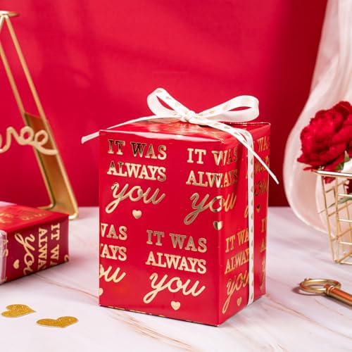 WRAPAHOLIC Valentines Day Wrapping Paper Roll - Mini Roll - 17 Inch x 16.5 Feet - Red Wrapping Paper with Gold Foil It Was Always You for Valentine's Day, Anniversary, Birthday, Wedding