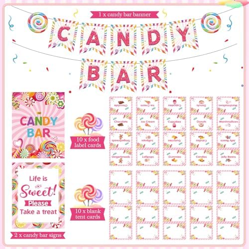 Outus 32 Pcs Candy Bar Decorations Kit with Banner Table Signs Food Labels