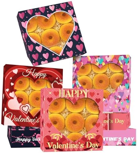 qiqee Auto-pop Up Valentine 12pcs Pie Boxes 10x10x2.5 inches Easy Assemble Macaroon Cookie Bakery Boxes with Window for Valentine's Day