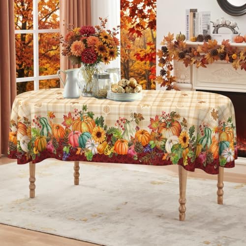 Fall Plaid Oval Tablecloth 60 x 120 Inch, Stain Resistant Washable Fabric Autumn Harvest Pumpkin Table Cloth Oval Fall Tablecloth Table Cover for Kitchen Dining Party