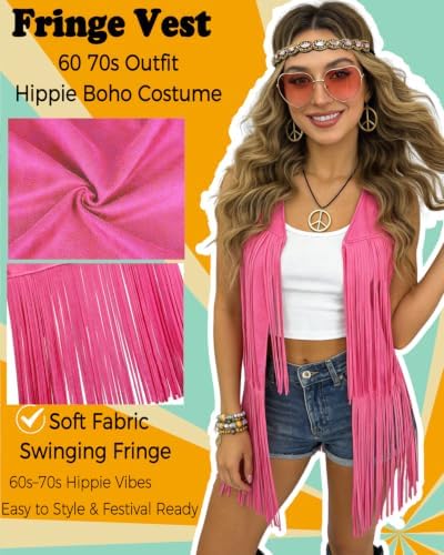 60s 70s Outfit for Women Hippie Costume Clothes Fringe Vest Accessories