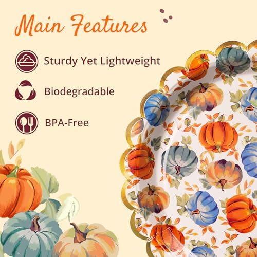 Confettiville Thanksgiving Paper Plates, 50-Count Fall-Themed Decorative Disposable Serving Plates, Pale Apricot, Gold Foil Scalloped Edge, 9 Inches
