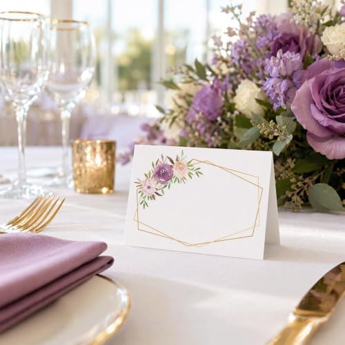 60 Pcs Floral Place Cards for Table Setting, 3.3" x 2" Frosted Tent Name Cards with Pre Folded Line, DIY Blank Seat Cards for Wedding Bridal Shower Thanksgiving Birthday Party Banquet