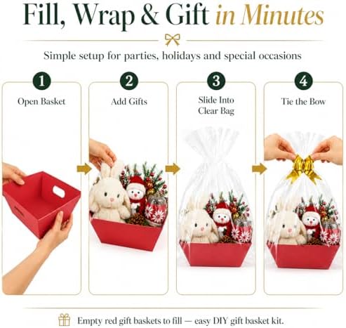 CDIVEFTN Red Empty Gift Baskets, 5 Pack 12x10 in with Bags and Bows